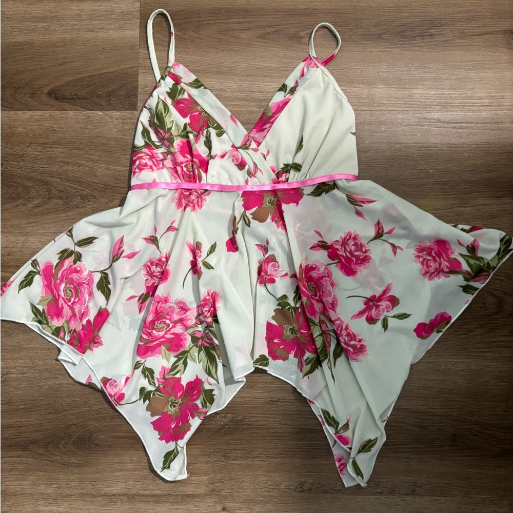 Pink Floral Blouse with Spaghetti Straps and Asymmetrical Hemline